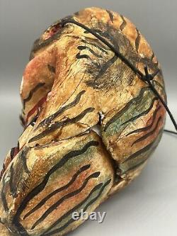 Vtg Mexican Folk Art Hand Carved Painted Wood Skull Dia De Los Muertos