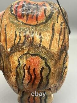 Vtg Mexican Folk Art Hand Carved Painted Wood Skull Dia De Los Muertos