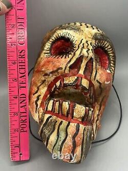 Vtg Mexican Folk Art Hand Carved Painted Wood Skull Dia De Los Muertos