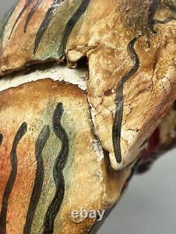 Vtg Mexican Folk Art Hand Carved Painted Wood Skull Dia De Los Muertos