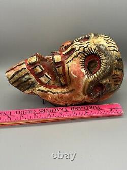 Vtg Mexican Folk Art Hand Carved Painted Wood Skull Dia De Los Muertos