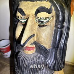 Vtg Mexican Guerrero Olinala Carved Wood Maque Lacquer Man Folk Art Dance Mask