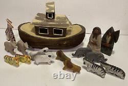 Vtg Noah's Ark Hand made Carved Painted Folk Art Primitive Wood Animals 18 Piece