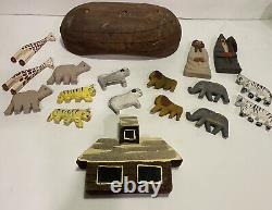 Vtg Noah's Ark Hand made Carved Painted Folk Art Primitive Wood Animals 18 Piece