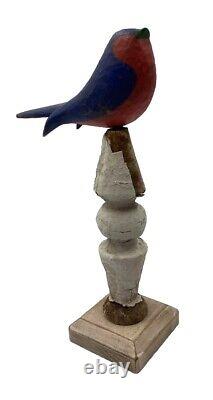 Vtg. Pennsylvania Folk Art Wood Carving Painted Bird on Stand Signed C-VP c. 1998