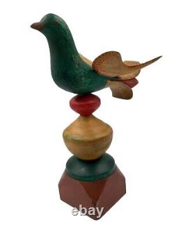 Vtg. Pennsylvania Folk Art Wood Carving Painted Bird on Stand Signed C-VP c. 1998