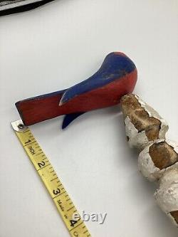 Vtg. Pennsylvania Folk Art Wood Carving Painted Bird on Stand Signed C-VP c. 1998