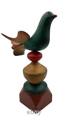 Vtg. Pennsylvania Folk Art Wood Carving Painted Bird on Stand Signed C-VP c. 1998