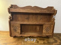 Vtg Rustic Country Folk Art Carved Wood Curio Cabinet Wall Shelf Spice Rack