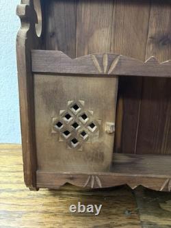 Vtg Rustic Country Folk Art Carved Wood Curio Cabinet Wall Shelf Spice Rack