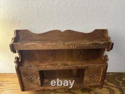 Vtg Rustic Country Folk Art Carved Wood Curio Cabinet Wall Shelf Spice Rack