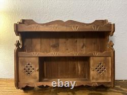 Vtg Rustic Country Folk Art Carved Wood Curio Cabinet Wall Shelf Spice Rack