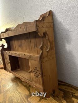 Vtg Rustic Country Folk Art Carved Wood Curio Cabinet Wall Shelf Spice Rack
