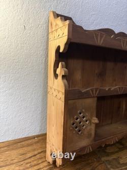 Vtg Rustic Country Folk Art Carved Wood Curio Cabinet Wall Shelf Spice Rack