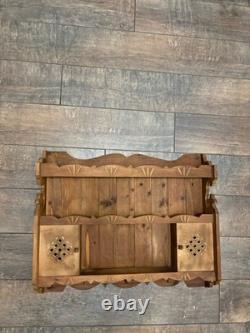 Vtg Rustic Country Folk Art Carved Wood Curio Cabinet Wall Shelf Spice Rack