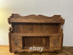 Vtg Rustic Country Folk Art Carved Wood Curio Cabinet Wall Shelf Spice Rack