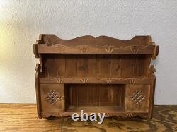 Vtg Rustic Country Folk Art Carved Wood Curio Cabinet Wall Shelf Spice Rack