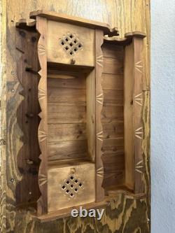 Vtg Rustic Country Folk Art Carved Wood Curio Cabinet Wall Shelf Spice Rack