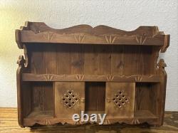 Vtg Rustic Country Folk Art Carved Wood Curio Cabinet Wall Shelf Spice Rack