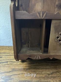 Vtg Rustic Country Folk Art Carved Wood Curio Cabinet Wall Shelf Spice Rack