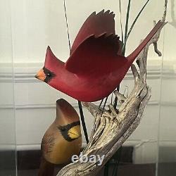 Vtg WOOD HAND CARVED BIRD Cardinal Pair FOLK ART Encased Decoy, Menard, Vermont