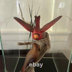 Vtg WOOD HAND CARVED BIRD Cardinal Pair FOLK ART Encased Decoy, Menard, Vermont