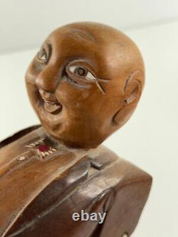 Vtg Wood Carved Mid-Century RICH MAN fat cat banker Statue Folk Art Sculpture