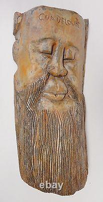 Vtg Wood Face Mask Man Guadeloupe Mexico Folk Art Hand Carved Wall Decor 15.5