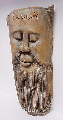 Vtg Wood Face Mask Man Guadeloupe Mexico Folk Art Hand Carved Wall Decor 15.5