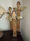 Vtg X3 Unique Mexican Mexico Folk Art Hand-painted Carved Wood & Tin Tall Angels