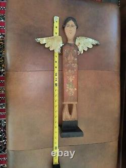 Vtg x3 Unique Mexican MEXICO Folk Art Hand-painted CARVED WOOD & TIN Tall ANGELS
