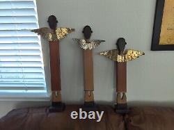 Vtg x3 Unique Mexican MEXICO Folk Art Hand-painted CARVED WOOD & TIN Tall ANGELS