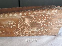 WW11 Carved Wood Folk Art Canoe Dated 1943 Am. Flag, Clasped Hands, Heart & Star