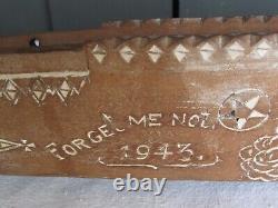 WW11 Carved Wood Folk Art Canoe Dated 1943 Am. Flag, Clasped Hands, Heart & Star