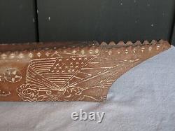 WW11 Carved Wood Folk Art Canoe Dated 1943 Am. Flag, Clasped Hands, Heart & Star