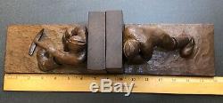 WWII GERMAN Soldier POW Folk Trench Art Wood Carved Book Ends Signed Luftwaffe
