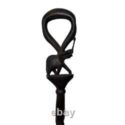 Walking Stick / Cane in Antique Folk Art Wood with Elephant and Animals 33