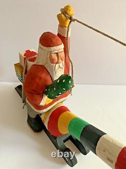 Whimsical Carved Folk Art Flying Dragon With Santa Artist Ken Lessnau Signed 2002