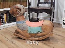 Whimsical Mid century Folk Art wood carved rocking goat