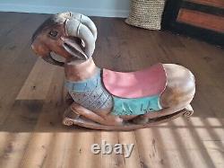 Whimsical Mid century Folk Art wood carved rocking goat