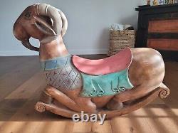 Whimsical Mid century Folk Art wood carved rocking goat