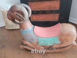 Whimsical Mid century Folk Art wood carved rocking goat