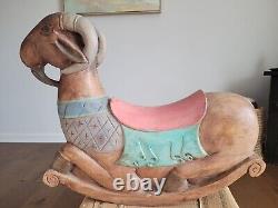 Whimsical Mid century Folk Art wood carved rocking goat