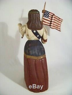 Wolf Creek Folk Art Patriotic Girl Flag Handcarved Wood Signed Statue Farmhouse