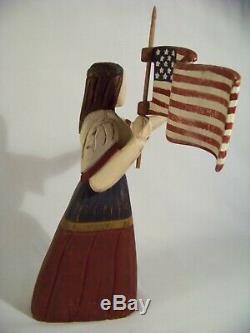 Wolf Creek Folk Art Patriotic Girl Flag Handcarved Wood Signed Statue Farmhouse