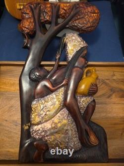 Wood Black FOLK ART Hand Carved Woman Child 22 1/2 Wood & Metal Plaque