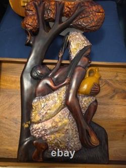 Wood Black FOLK ART Hand Carved Woman Child 22 1/2 Wood & Metal Plaque
