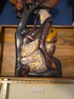 Wood Black FOLK ART Hand Carved Woman Child 22 1/2 Wood & Metal Plaque