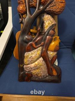 Wood Black FOLK ART Hand Carved Woman Child 22 1/2 Wood & Metal Plaque