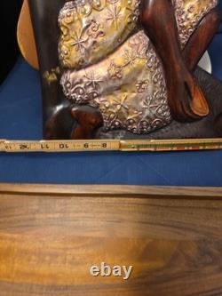 Wood Black FOLK ART Hand Carved Woman Child 22 1/2 Wood & Metal Plaque